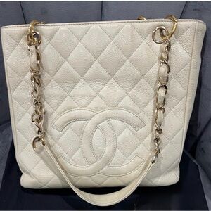 Vintage CHANEL Caviar Quilted Petite Shopper Tote Bag Ivory Gold PST